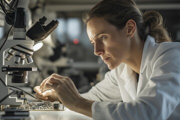 In an electronics lab, a focused woman hardware engineer expertly solders a circuit board, using a microscope and precision tools to ensure quality craftsmanship