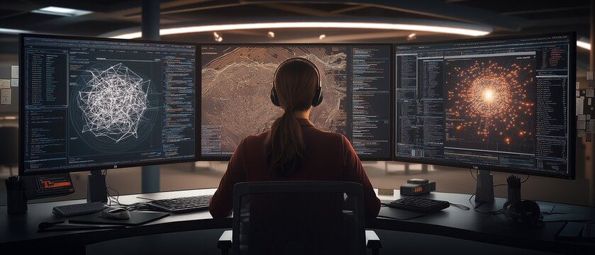 A woman is focused on optimizing quantum circuits at her specialized workstation, surrounded by ultrawide displays presenting intricate quantum assembly code and circuit visualizations