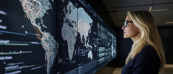 A cloud infrastructure architect reviews global deployment data on wall-mounted touch screens displaying network topologies and operational dashboards in a sleek corporate environment
