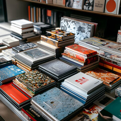 A table filled with stacks of colorful hardback books.