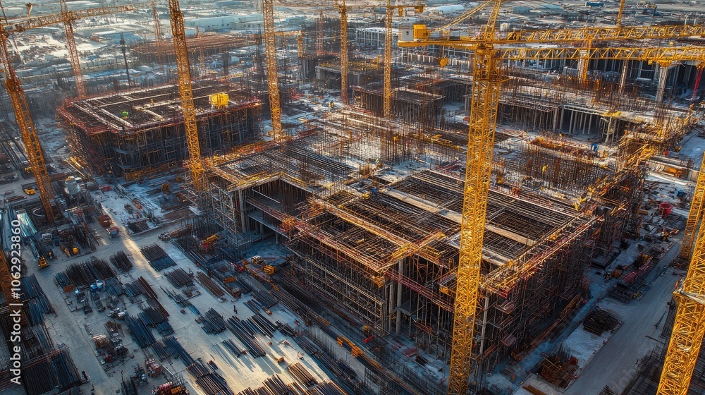 Poster cranes forming a web of support at a major construction site, showcasing the complexity of building 