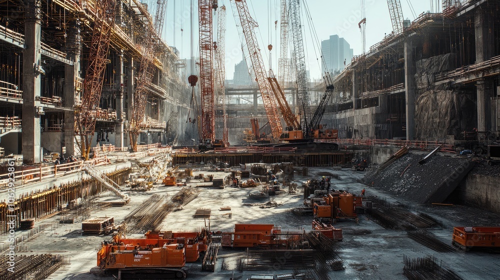 Poster cranes forming a web of support at a major construction site, showcasing the complexity of building 