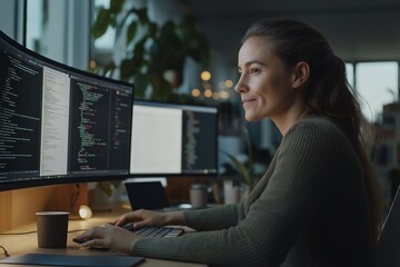 Two diverse women collaborate on pair programming at curved monitors, surrounded by plants and coffee cups in a cozy startup setting lit by natural light