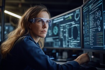 In a research facility, a dedicated woman examines quantum cryptography data on multiple screens, showcasing her focus and expertise in advanced technology and optics