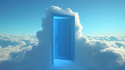 An abstract magical blue portal door opens to a bright sunny sky above heaven clouds 