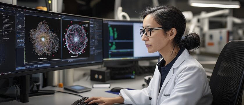 In a state-of-the-art laboratory, a woman quantum material scientist works intensely at her workstation, programming a scanning tunneling microscope for atomic-scale analysis