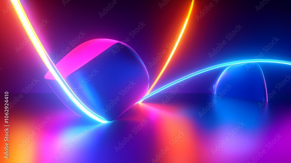 Aufkleber neon lights create a vibrant and abstract scene with curved lines and glowing orbs.