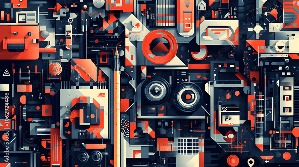 Poster Abstract geometric pattern with red, black, and blue shapes, creating a complex and dynamic design.
