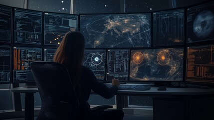 A skilled engineer monitors orbital objects and collision predictions at a high-tech space surveillance facility with multiple radar displays and telemetry data