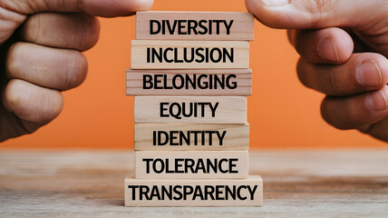 Diversity, belonging, inclusion, equity, identity, tolerance transparency words written on wooden block. Male hand. Beautiful orange background.