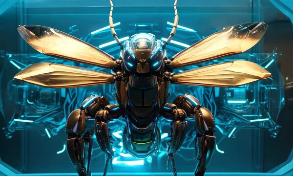 Futuristic robotic bee in high-tech display case