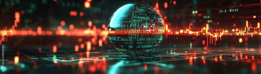 Poster futuristic digital globe surrounded by glowing data lines, representing technology and global connec
