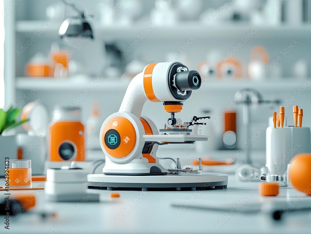 Poster University Robotics Lab with Students Tinkering High-Tech Prototypes in Minimalist Sterile Environment