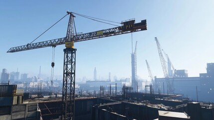 Tower crane lifting a steel frame into place, with cranes and city buildings in the distance, under a clear sky