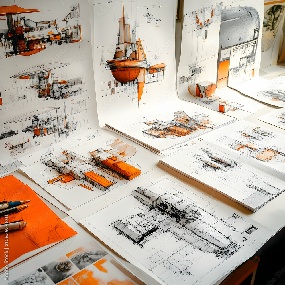 Poster architectural sketches and drawings displayed on a table, showing various perspectives and designs o