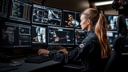 A female engineer actively monitors orbital objects and collision predictions using advanced radar tracking displays and satellite telemetry data in a specialized workstation
