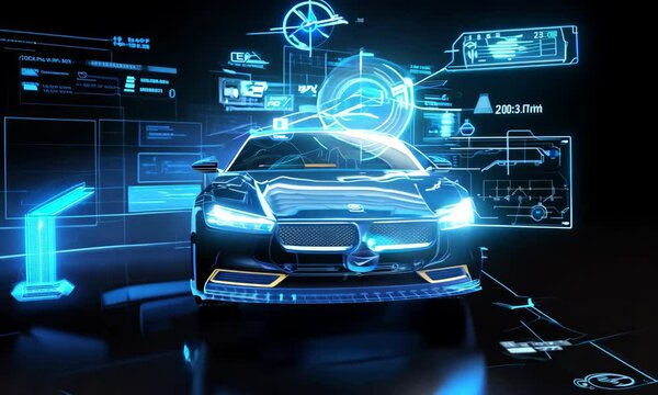 Futuristic blue car with digital interfaces showcasing automotive technology and innovation