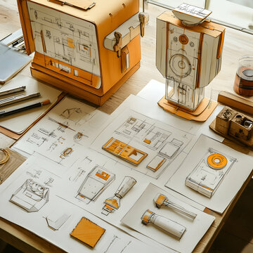 Cardboard models of kitchen appliances and blueprints.