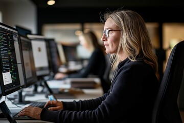 A group of female mobile app developers collaborates on usability testing within a modern lab filled with technology. They analyze applications on multiple devices