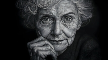 Close-up portrait of an elderly woman with wrinkles and grey hair, looking directly at the camera with a pensive expression.