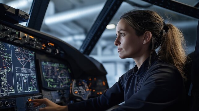 A woman focuses intently on flight control interfaces within an advanced flight simulator facility. Dramatic lighting enhances the precision testing atmosphere and equipment details