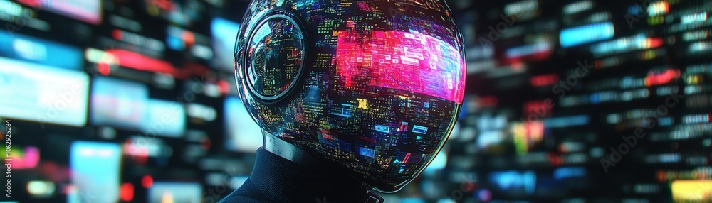 Poster futuristic robot with a vibrant screen helmet, surrounded by a digital landscape of colorful display