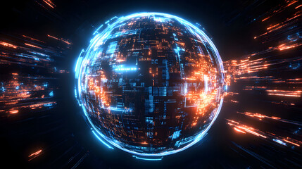 Obraz premium A futuristic scene features a large translucent sphere with blue and orange energy, containing a complex network of glowing lines and advanced technology.