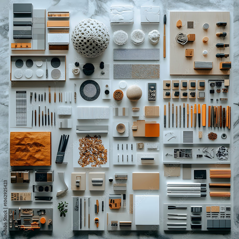 Poster flat lay of various objects in a grid pattern on a white marble background.