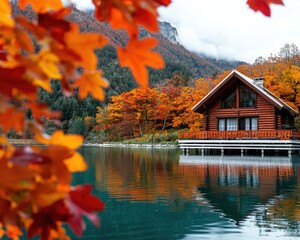 A serene wooden cabin nestled by a tranquil lake, surrounded by vibrant autumn foliage reflecting on the water's surface.