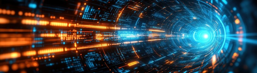 Obraz premium Futuristic tunnel with glowing lights and digital patterns, creating a sense of speed and movement through a technological realm.