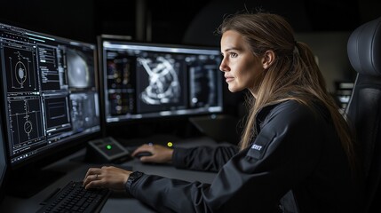 A female space debris tracking systems engineer actively analyzes collision prediction algorithms while managing satellite telemetry data at her specialized workstation