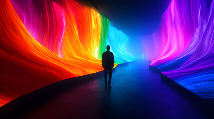 A silhouetted person stands in a dark hallway illuminated by glowing panels displaying vibrant colors, creating a sense of movement, energy, and mystery.