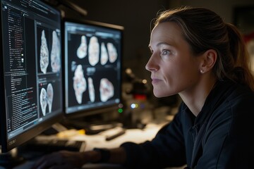 A female digital forensics investigator examines complex evidence using advanced technology in a secure lab, showcasing her expertise and attention to detail in a controlled environment