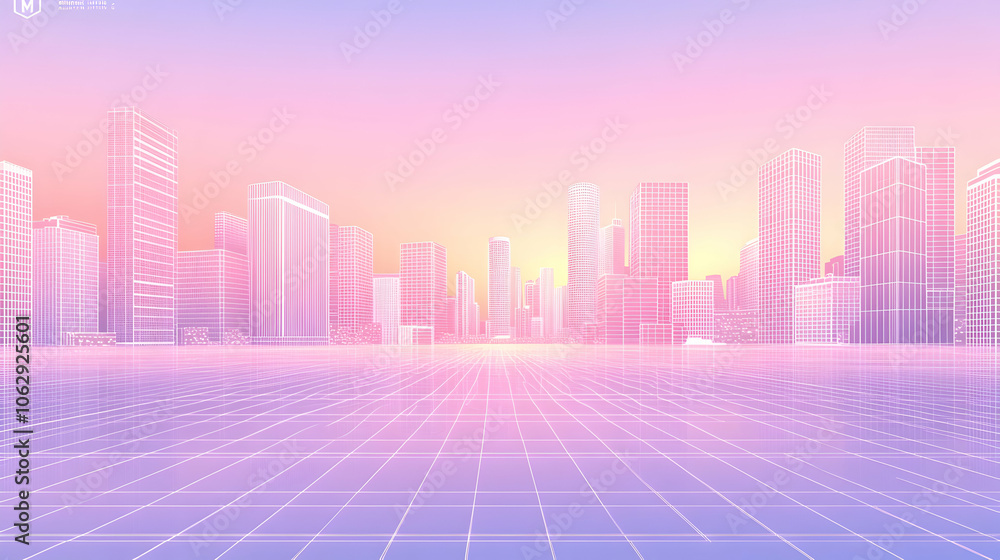 Poster futuristic city skyline with a grid pattern in the foreground.