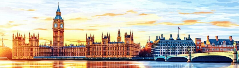 Fototapeta premium A vibrant sunset over the Houses of Parliament and Big Ben, illuminating the River Thames in London, showcasing the city's iconic architecture.