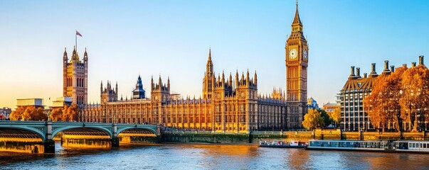 A picturesque view of the iconic Houses of Parliament and Big Ben, reflecting the golden hues of sunset over the River Thames in London.