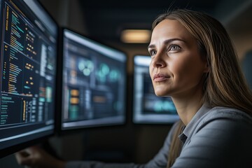 Fototapeta premium A woman focuses intently while testing life support algorithms and resource management dashboards in a sophisticated space research facility