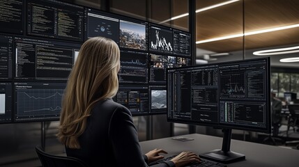 A cloud security architect reviews zero-trust architecture against a backdrop of security dashboards and identity management flows in an ultra-modern office setting