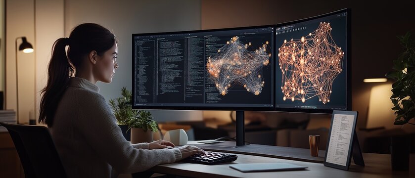 A woman is engaged in analyzing neural network topology on a curved ultrawide monitor, surrounded by research papers and a custom GPU server, illuminated by soft ambient lighting