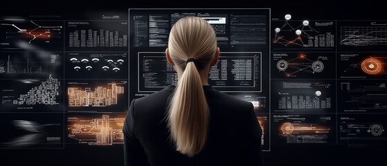 A smart city systems architect evaluates urban monitoring dashboards and IoT interfaces, engaged in city planning with dramatic lighting indicators in a corporate environment