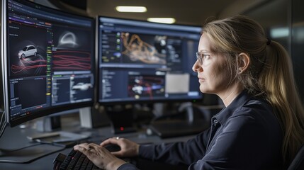 A female software engineer analyzes LIDAR data and telemetry on multiple screens in a high-tech lab, focusing on real-time sensor fusion and vehicle performance
