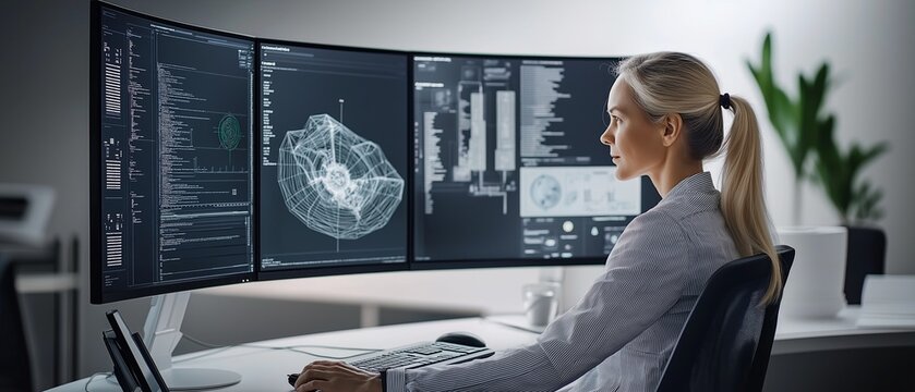 A female digital twin developer creates a virtual factory simulation, using a curved ultrawide monitor to visualize IoT data and real-time metrics in a high-tech office