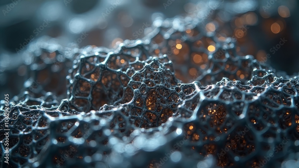 Poster intricate metallic structure with glowing highlights and organic patterns