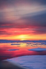 Obraz premium Sunset over a Frozen Arctic Ocean with Ice Floes