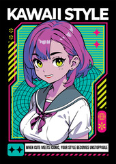 Anime girl poster with kawaii cute on y2k, cyberpunk, future, virtual reality, retro futuristic style. Tokyo Japan sexy anime girl. Tshirt graphic y2k vector illustration. Kanji translation is Kawaii