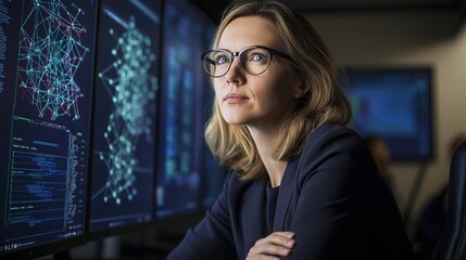 A female researcher in quantum computing analyzes intricate holographic visualizations amidst complex equipment, embodying a scientific atmosphere in a modern laboratory