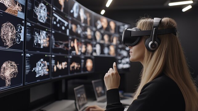 A female metaverse infrastructure architect engages with real-time world instances, analyzing avatar metrics and network maps in a high-tech office filled with VR headsets - Powered by Adobe