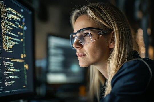 The researcher studies complex quantum key distribution systems, surrounded by advanced measurement equipment, lasers, and fiber optics, wearing safety goggles and concentrating intently