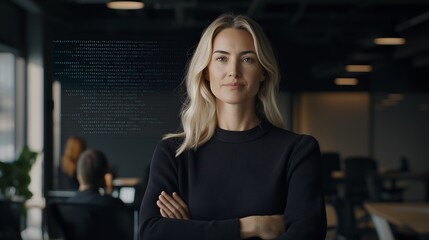 In a modern open-plan office, a female software engineer confidently leads a code review session, surrounded by her engaged team and interactive holographic code displays
