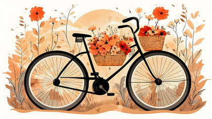 A bicycle with a basket full of flowers in a field.